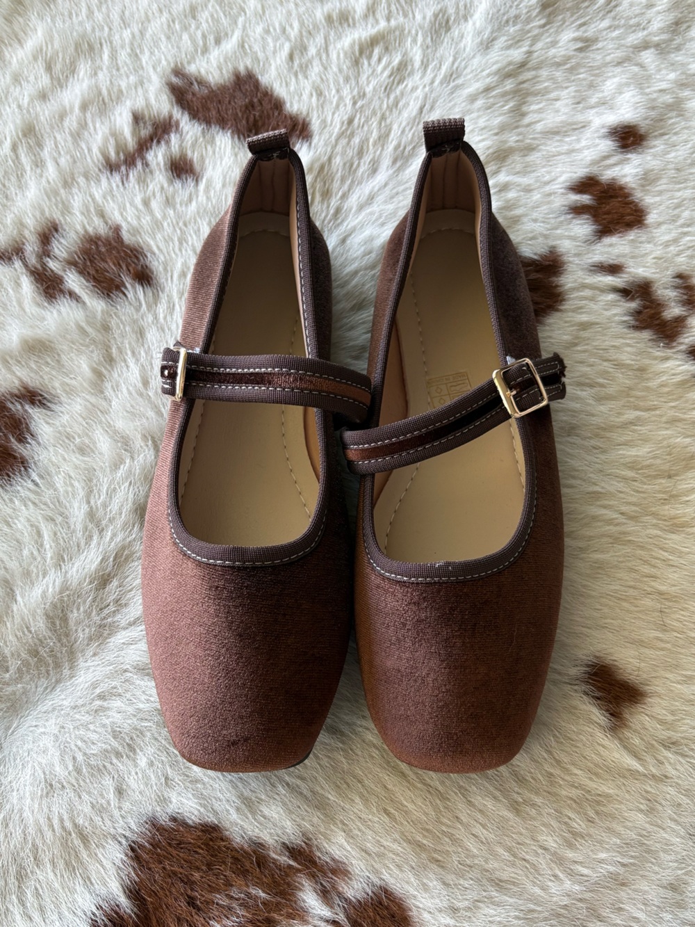Fuzzy Brown Mary Jane Flats with Velcro Buckle Strap